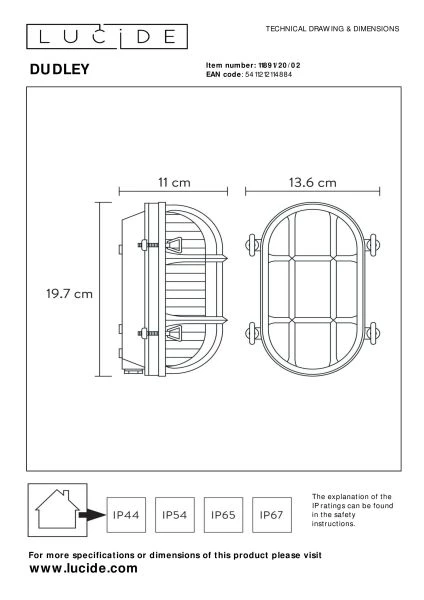 Lucide DUDLEY - Wall light Indoor/Outdoor - 1xE27 - IP65 - Matt Gold / Brass - technical